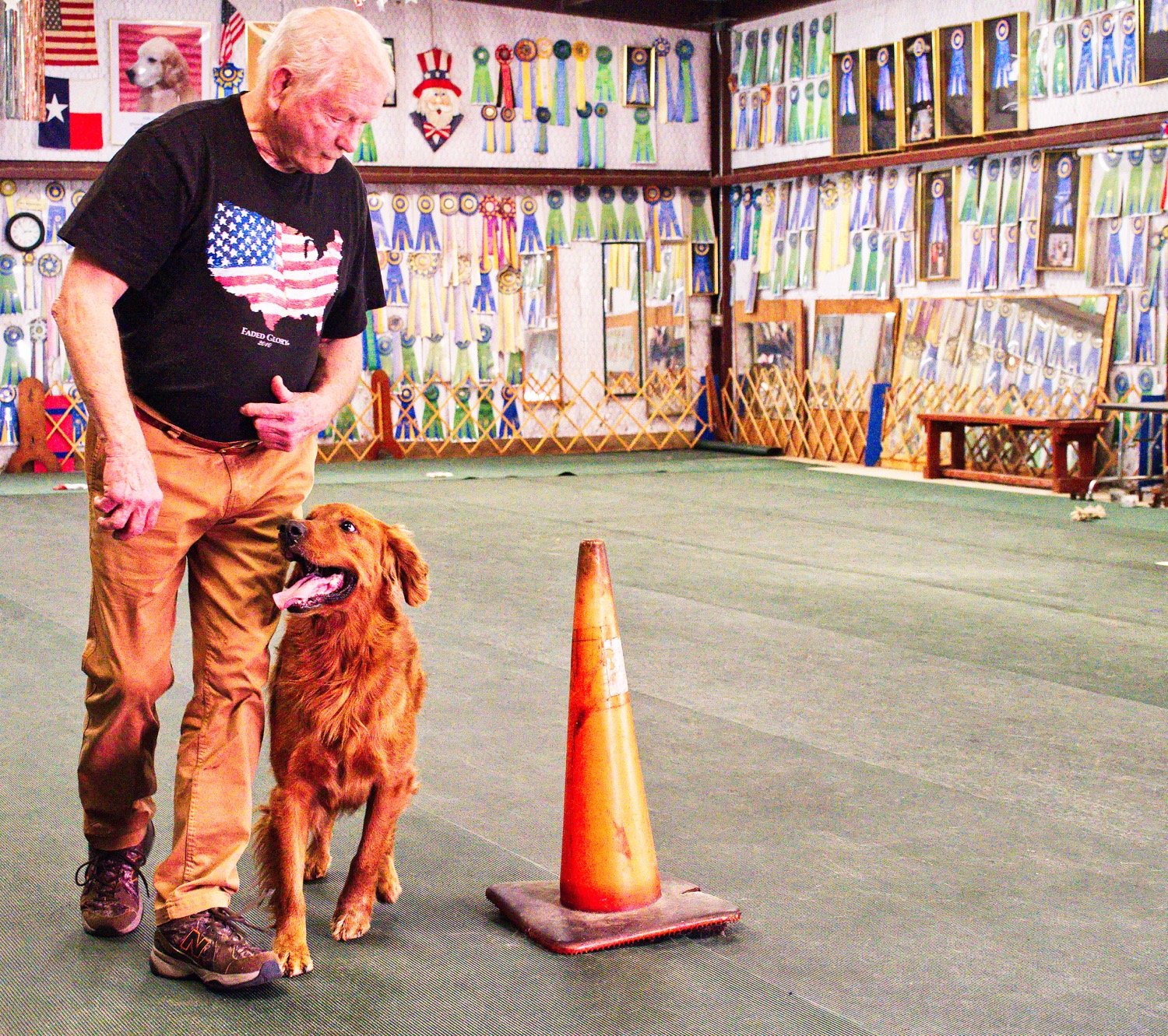 Dave and Trap demonstrate a figure eight pattern, one of the required skills for their obedience competitions. [take paws to enjoy full photos, score prints]